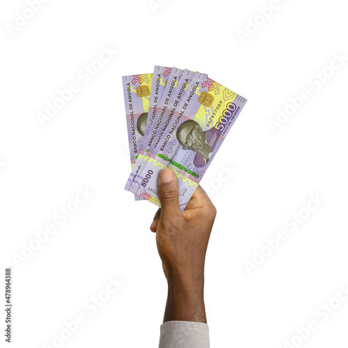 Black Hand holding 3D rendered 5000 Angolan kwanza notes