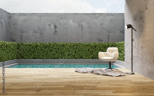 Empty room with tropical polished plaster wall background. There is a small swimming pool and wooden floors and concrete walls decorated with white cloth lounge chairs, 3d rendering, illustrations.