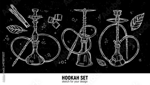 Hand-drawn hookah set. Tobacco leaves, various hookahs, coal tongs, coal. Sketches for decoration of premises, menus, advertising, for prints on clothes and for design of leaflets