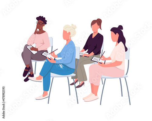 Women during workshop semi flat color vector characters. Active figures. Full body people on white. Lecture isolated modern cartoon style illustration for graphic design and animation