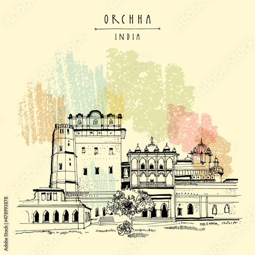 Vector Orchha, India postcard. Orchha fort in Madhya Pradesh state. Jahangir Mahal palace. Travel sketch line art drawing. Vintage hand drawn poster illustration
