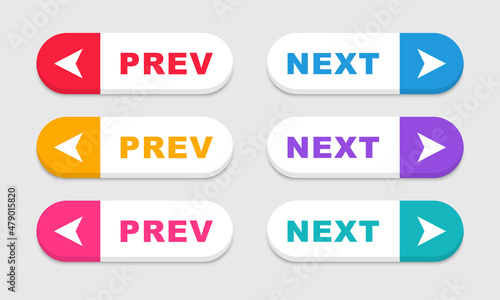 Set of next and previous buttons. Prev, next icons. Web buttons with arrows prev and next. Vector illustration.