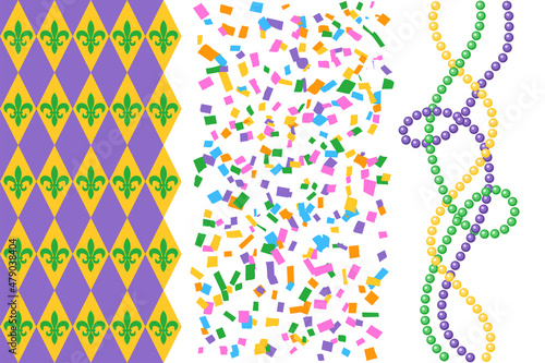 Mardi Gras carnival clip art design elements, beads, pattern with rhombuses and fleur de lis. Simple flat vector illustration