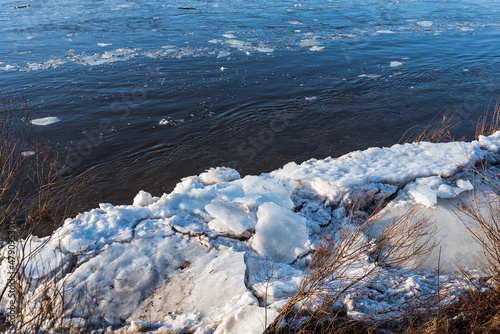 Close up view of ice drift on the frozen river. Melting ice. Concept of spring floods