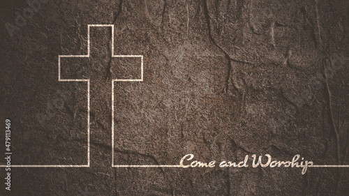 Cross and come and worship text in thin lines style