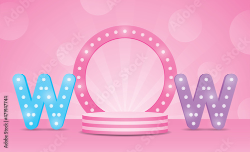 wow light bulb text backdrop display with circle podium 3d illustration vector for putting your object