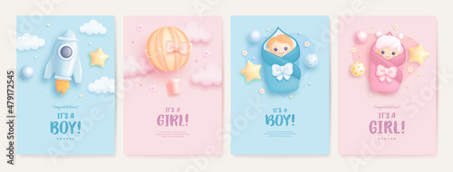 Set of baby shower invitation with cartoon baby girl, baby boy, rocket and hot air balloon on blue and pink background. It's a boy. It's a girl. Vector illustration