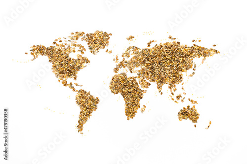 World map made of grain, rye, wheat, oat, barley, millet and spelt. Global world food, zero hunger or agriculture concept.