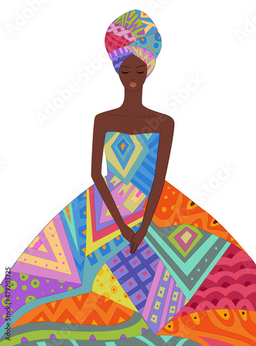 fashion african woman in ethnic colorful dress with closed eyes