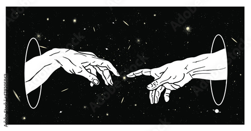 Concept vector hand drawn illustration of white hands reaching on dark universe starry sky.