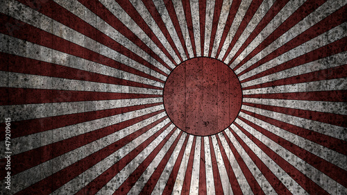 A pre-war flag of the Imperial Japanese Navy with a concrete texture and splashes of ink and dirt. Geometric abstract grunge-style background with the red sun and rays, graphic illustration, line art.