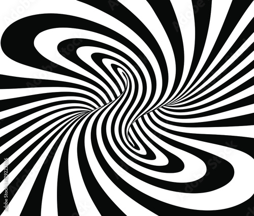 Black and white vector illustration of deformed mobius torus inside view with geometrical hypnotic twisting striped lines. 
