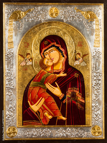 Icon painted in the byzantine or orthodox style depicting Virgin Mary and Jesus.