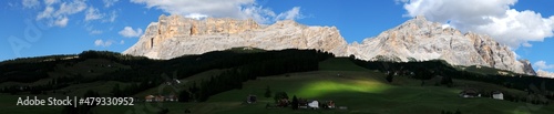 Beautiful panoramic view of the Dolomite group of the Sasso di Santa Croce or 'Rosskofel' in Val Badia. South Tyrol Italy. Is an imposing mountain massif that rises up to 2,907 m above sea level.