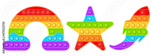 Rainbow popular popit shaped as rainbow, rocket ship and star. Bubble pop it fidget vector.Popit fidget toy.Pop it sensory vector toy. 3d realistic antistress fidgeting toy