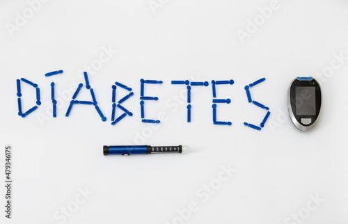 Diabetes lettering. Syringe pen for diabetic human insulin self injection, blood glucose meter and lancets