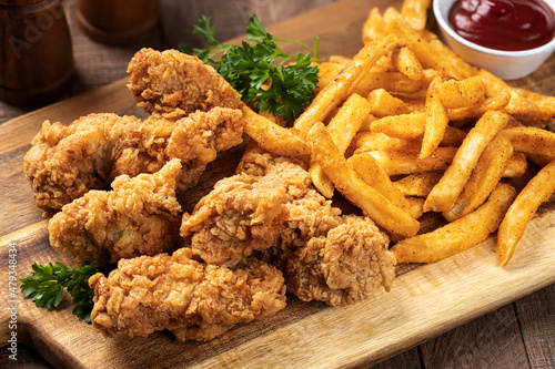 Crispy fried chicken tenders and french fries