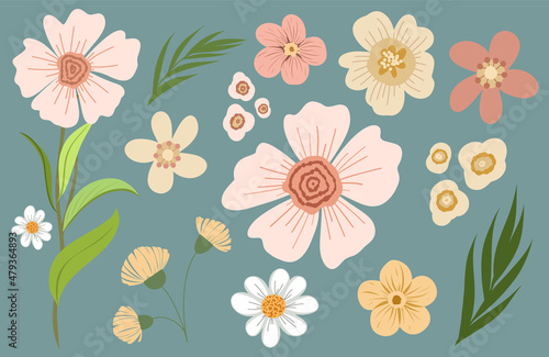 Beige field flowers vector illustration set. Boho wedding design with wild flower collection. Pastel chamomile.