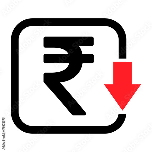 Cost reduction- decrease rupee icon. Vector symbol isolated on background