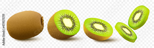 Kiwi fruit. Whole, half and pieces. Sweet fruit. 3d vector icons set. Realistic illustration, isolated on white background.
