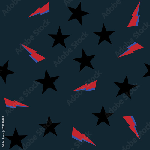 Abstract vector seamless pattern with lightning bolts, and black sdturs on a dark background