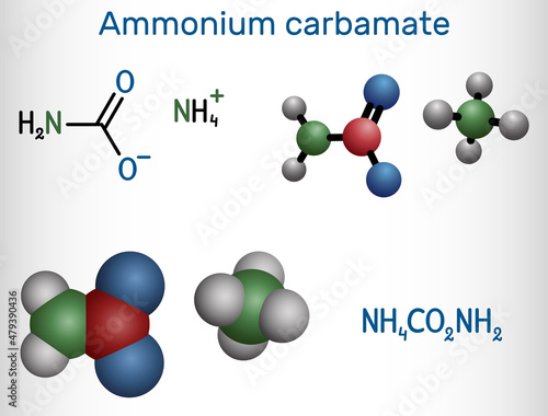 Ammonium carbamate molecule. It is organic compound consisting of ammonium and carbamate. Structural chemical formula and molecule model.
