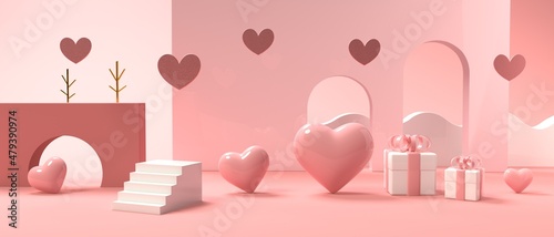 Hearts with geometric shapes - Appreciation and love theme - 3D render