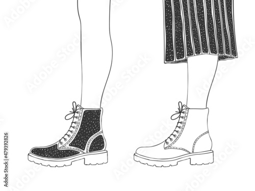 Women's feet in shoes. Women's shoes. Hand-drawn style womens boots. Vector image