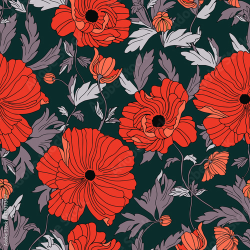 vector seamless pattern flowers of poppies with leaves. Botanical illustration for wallpaper, textile, fabric, clothing, paper, postcards