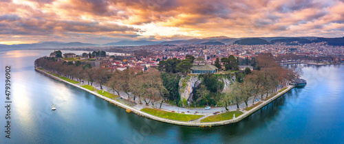 Aerial view of Ioannina city in Greece, Aslan Pasha Tzami, the lake with the island of Kyra Frosini or nissaki.