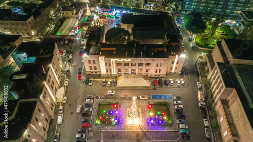 Aerial drone view of Rhodes town center during night