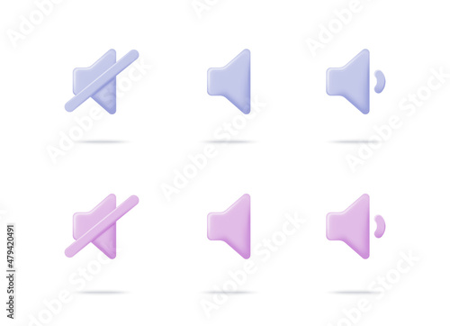 Set of 3d volume icons. Mute icon. Sound icon. 3d realistic vector.