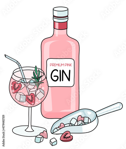 Cute romantic valentines day composition with premium pink Gin in a bottle, tonic cocktail with strawberries and a scoop with heart shaped ice. Doodle cartoon vector illustration isolated on white