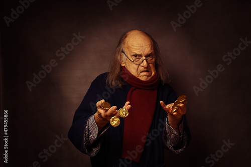 Scrooge having too much gold coins to hold in his hands, wearing a scarf