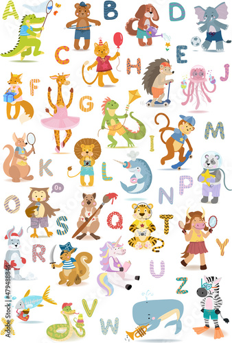 Alphabet poster for kids. Educational preschool learning ABC with animal and cartoon vector illustration set.