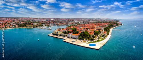 Zadar, Croatia - Aerial panoramic view of the old town of Zadar by the Adriatic sea with sea organ, yacht harbor and blue sky on a bright summer day