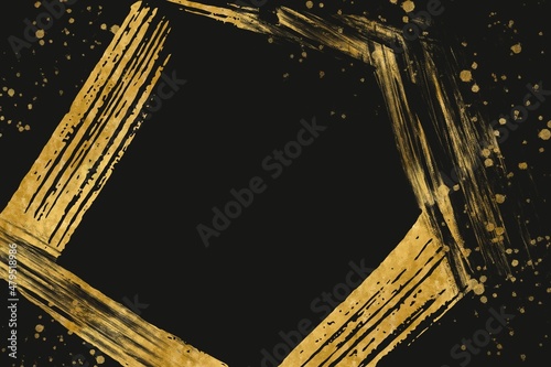 金色の五角形の和風抽象背景 黒背景 ダーク 筆 コピースペース かすれたブラシストローク しぶき