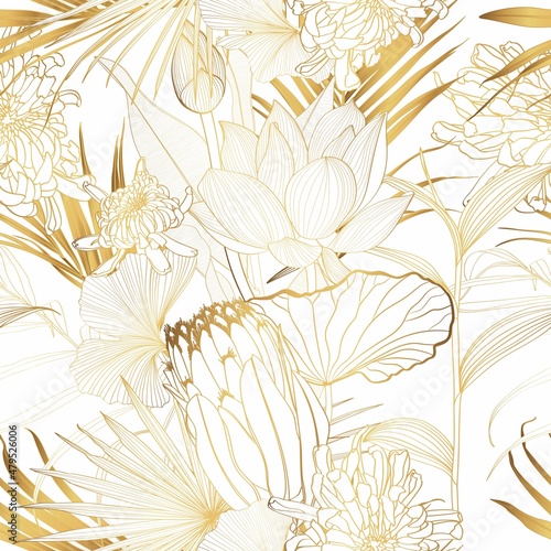 Exotic tropical floral golden line flowers, protea, fan palm leaves seamless pattern. White background. Golden floral wallpaper. 