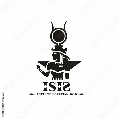 ancient egyptian god isis silhouette. middle east beauty queen with sun crown and scepter