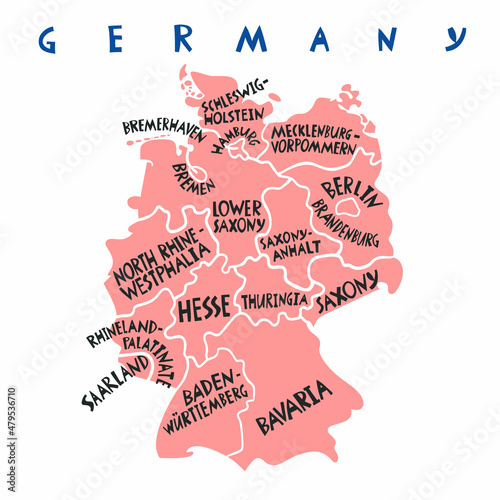 Vector hand drawn stylized map of Germany states. Travel illustration. Federal Republic of Germany geography illustration. Europe map element