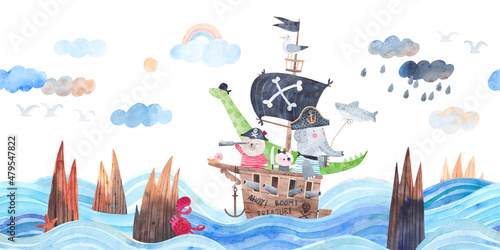 Pirate ship on the waves among the rocks. Reefs in the sea. Watercolor poster. Illustration of a pirate ship with cute animal travelers. Friends pirates on a sea adventure.