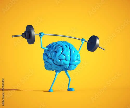 Blue human brain lifting weight.