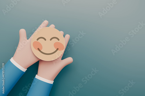 Hand holding paper cut happy smile face, Positive thinking, Mental health assessment, World mental health day concept, 3d rendering illustration 