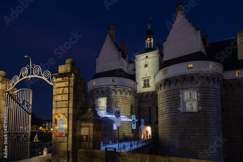 Entrée d'un château médiéval de nuit avec portail métallique et pont. Château des Ducs de Bretagne, Nantes