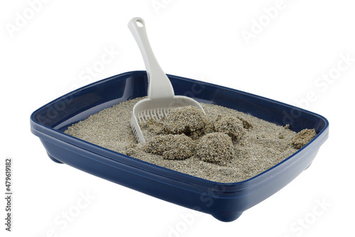 Blue cat litter tray with clumping litter and scoop