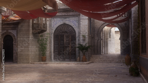 Empty shaded courtyard in a medieval Arabian city street with patches of sunlight. 3D rendering.