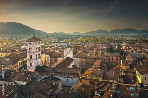 Lucca panoramic aerial view of city and San Michele Cathedral. Tuscany, Italy