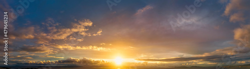 A wide panorama of a sunset sky as background or texture
