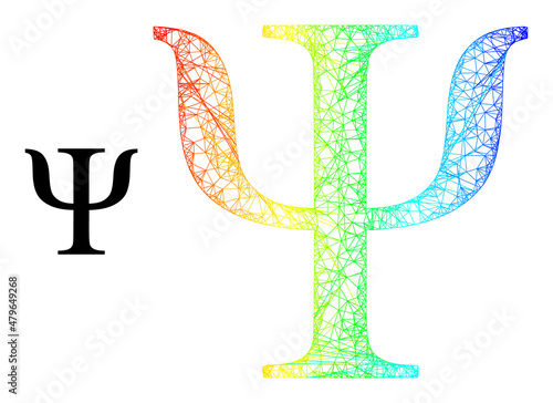 Net mesh Psi Greek letter framework icon with spectrum gradient. Vibrant carcass network Psi Greek letter icon. Flat mesh created from Psi Greek letter icon and crossed lines.