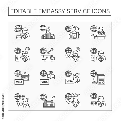 Embassy service line icons set. Consultation, advice about migration to abroad. Government in another state.Citizen rights. Diplomation mission concept. Isolated vector illustrations. Editable stroke